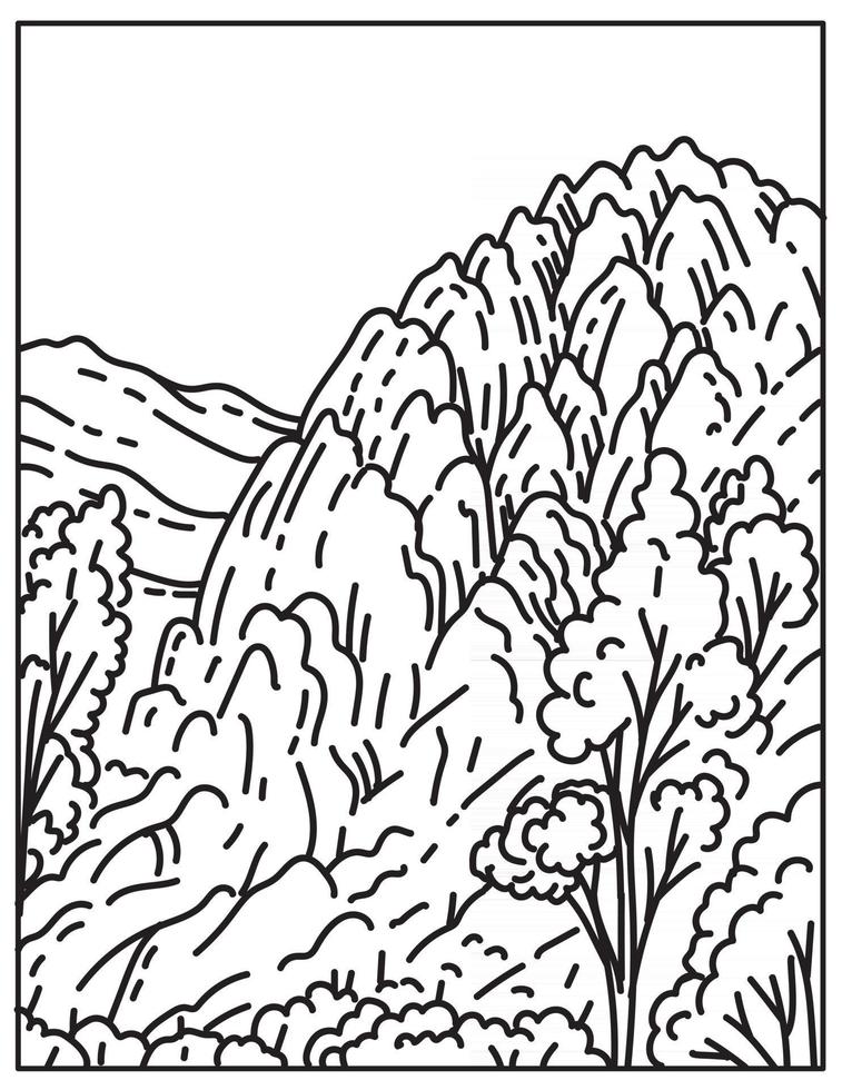 formaciones rocosas del parque nacional pinnacles ubicado al este del valle de salinas en el centro de california estados unidos mono line o monoline line art en blanco y negro vector