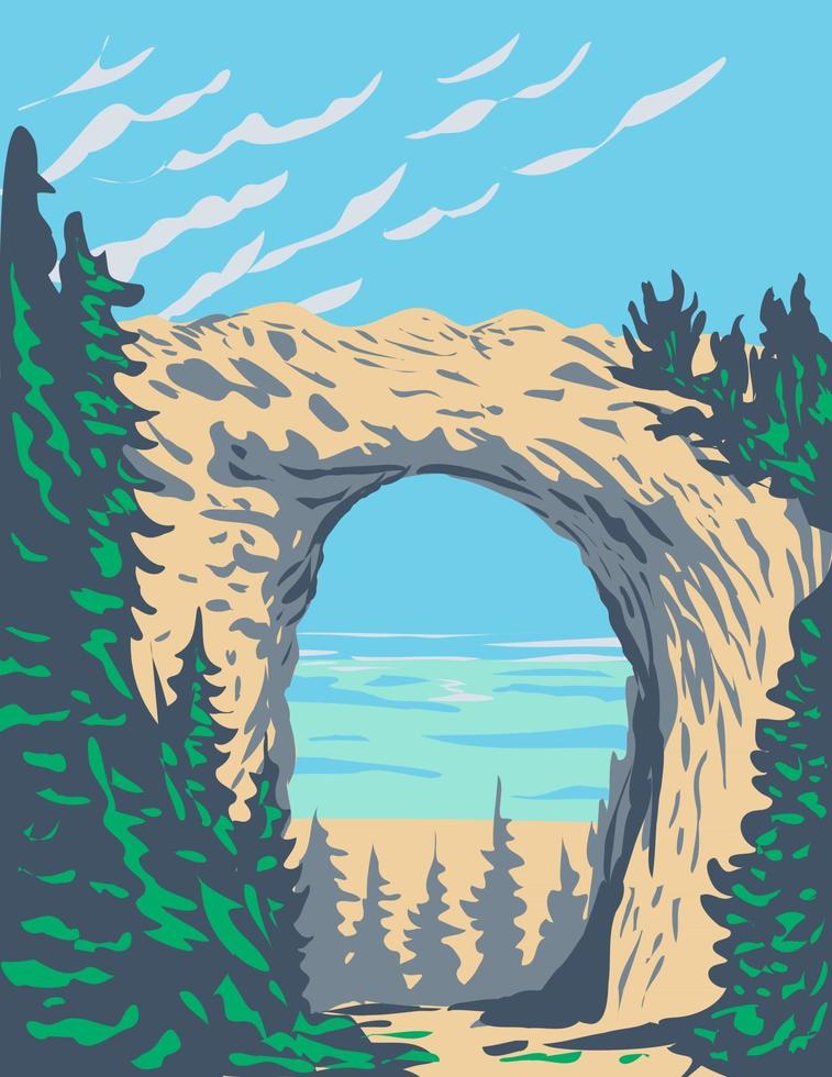 Arch rock ubicado en la isla mackinac dentro del parque nacional mackinac en michigan que existió desde 1875 hasta 1895 wpa poster art vector