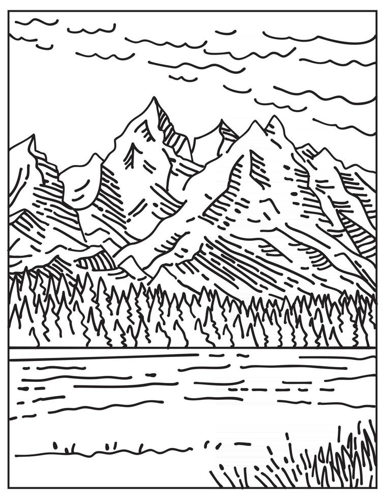 The Teton Range in Grand Teton National Park Located in Northwestern Wyoming United States Mono Line or Monoline Black and White Line Art vector