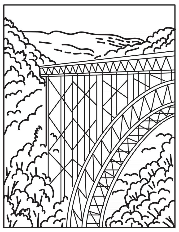 New River Gorge National Park and Preserve in Southern West Virginia in the Appalachian Mountains Mono Line or Monoline Black and White Line Art vector