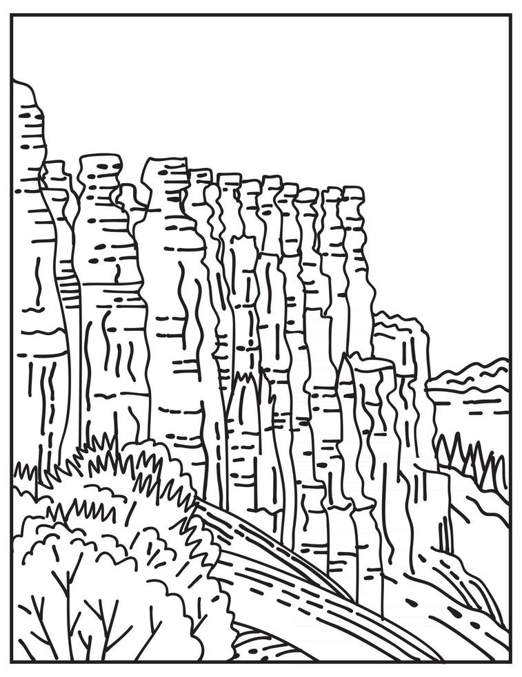 Hoodoos Tent Rock Fairy Chimney or Earth Pyramid in Bryce Canyon National Park Located in Utah Mono Line or Monoline Black and White Line Art vector
