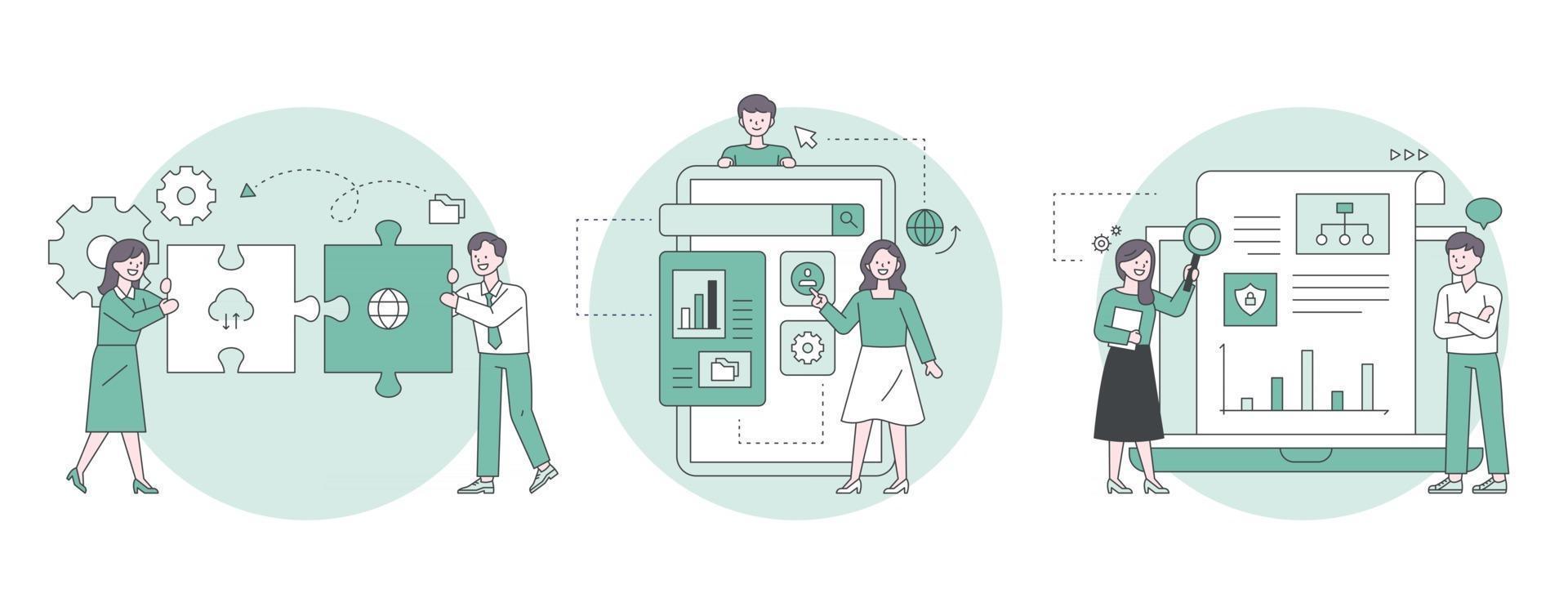 Man explaining settings icon on digital device, colleague doing two puzzles, people looking at analytics online. Outline flat design style minimal vector illustration set.