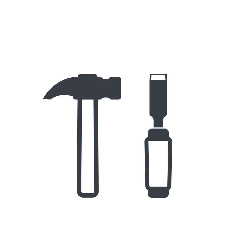 iconos de vector de martillo y cincel en blanco