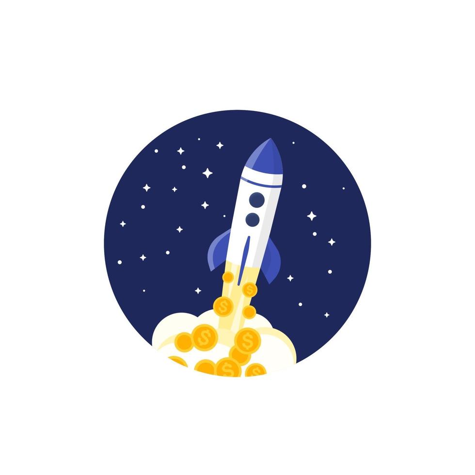 Rocket launch with money vector illustration or startup financing and project launch concept