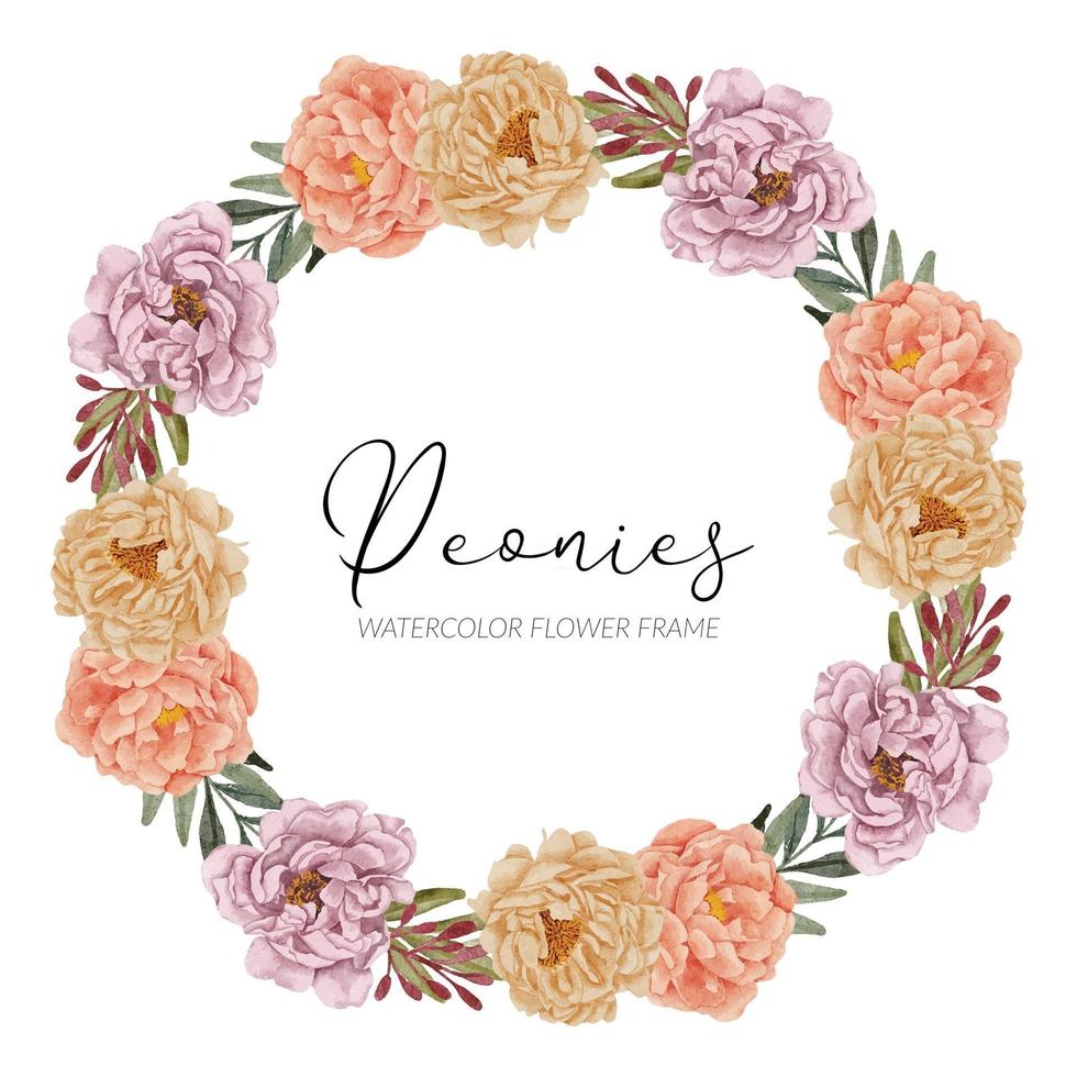 beautiful watercolor peony flower wreath frame vector