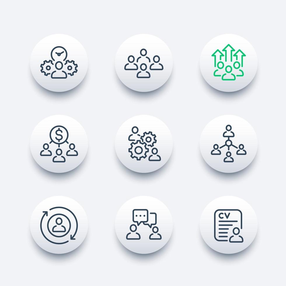 Conjunto de iconos de línea de gestión de equipos y recursos humanos o personas que interactúan vector