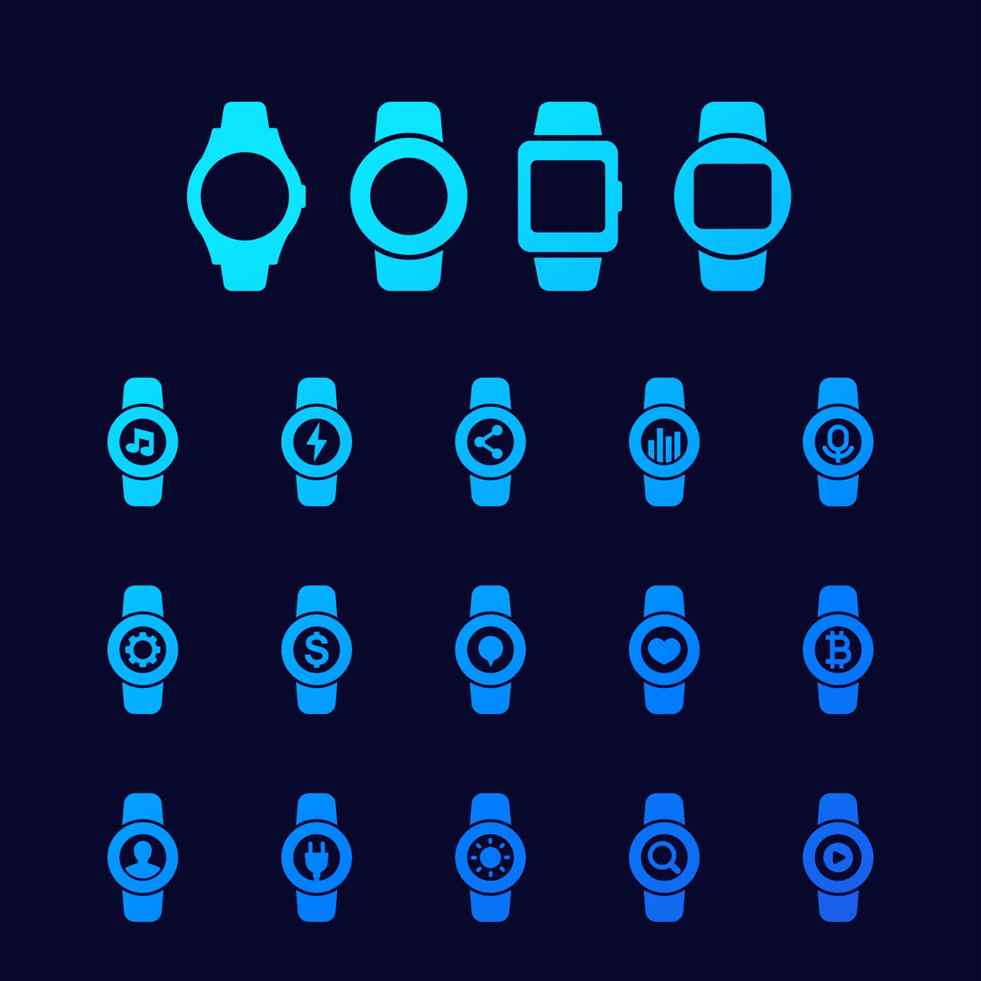 Smart watch icons set wearable devices interface vector elements for