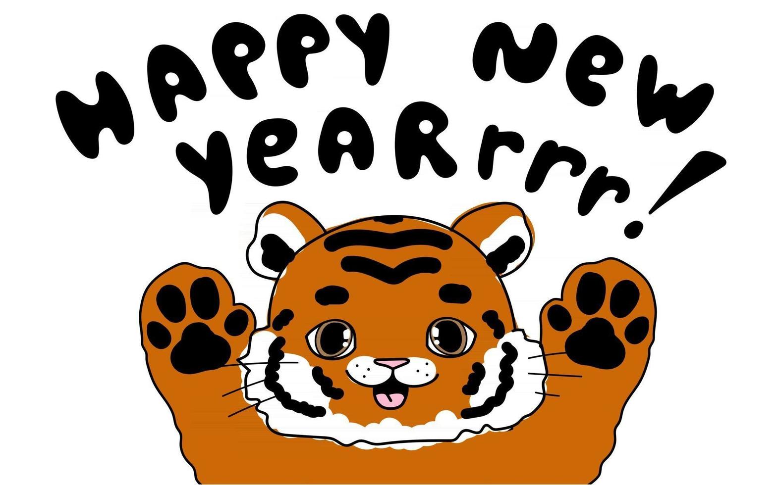 Cute doodle little tiger Baby animals with kid illustration happy new year roar text for card poster calendar vector