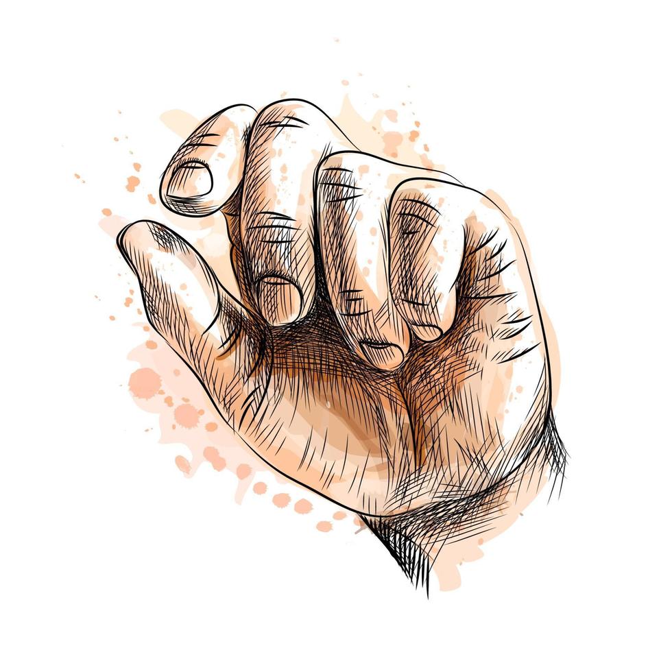 Hand showing size gesture from a splash of watercolor hand drawn sketch Vector illustration of paints