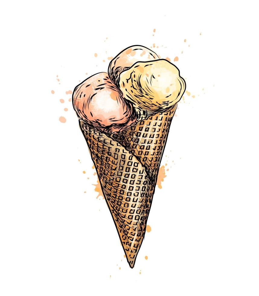 Ice cream in a waffle cup from a splash of watercolor hand drawn sketch Vector illustration of paints