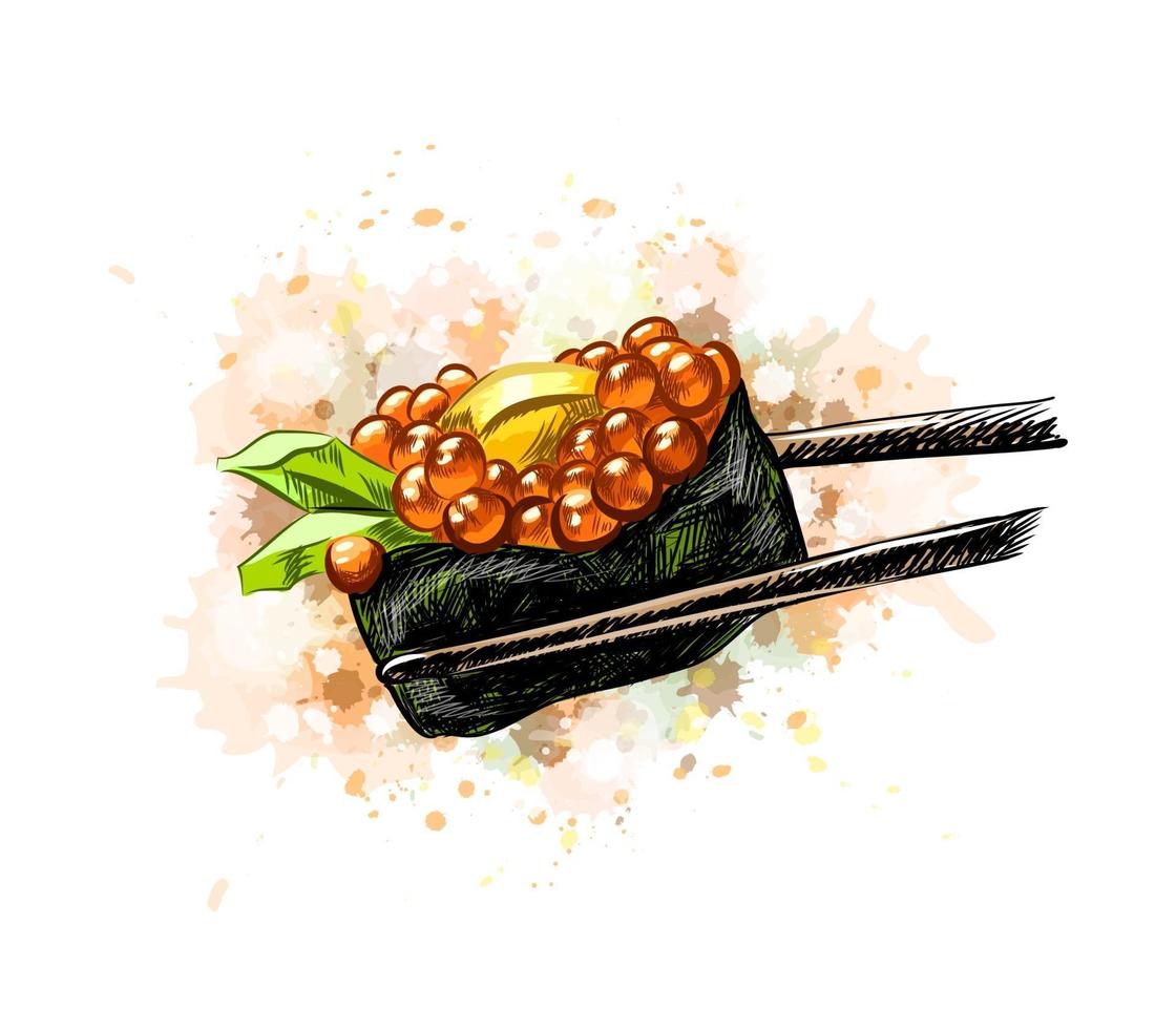 Red Caviar Gunkan Sushi from a splash of watercolor hand drawn sketch Vector illustration of paints