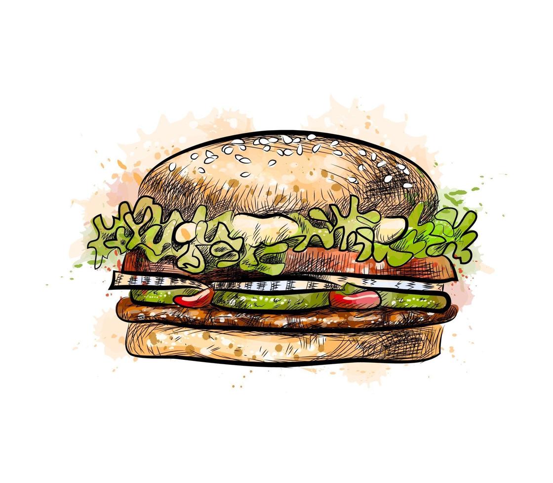 Burger from a splash of watercolor hand drawn sketch Vector illustration of paints