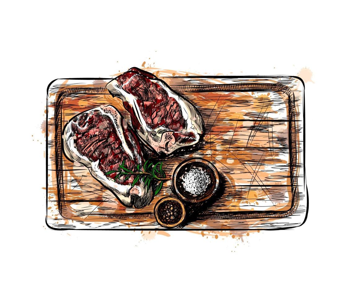 Pieces of meat on a cutting board from a splash of watercolor hand drawn sketch Vector illustration of paints