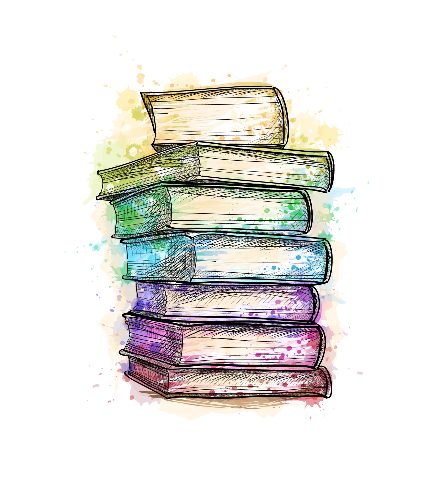 Stack of multi colored books from a splash of watercolor hand drawn