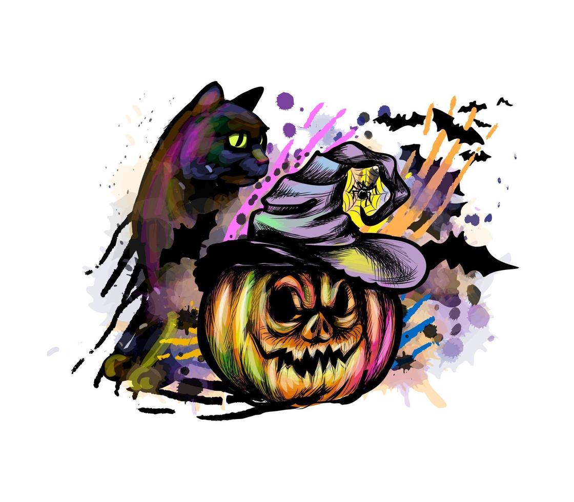 Halloween pumpkin in witch hat and cat Vector illustration