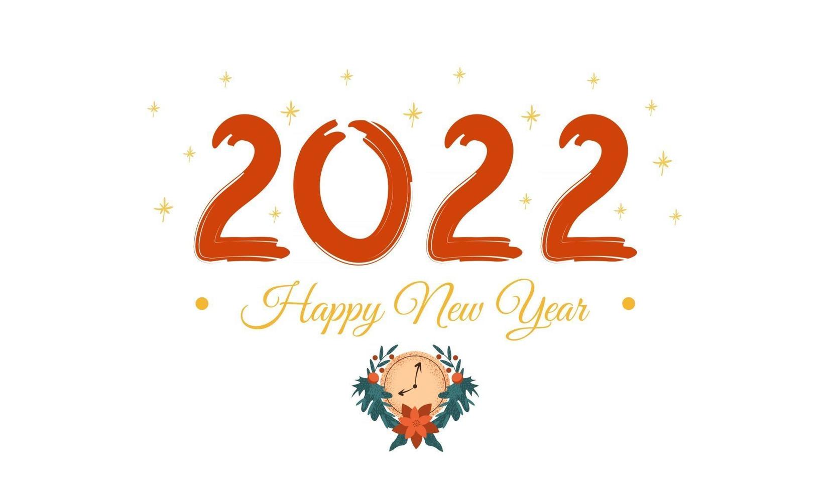 Feliz año nuevo 2022 tarjeta de felicitación o banner sobre fondo blanco con estrellas doradas y reloj navideño plantilla de vector festivo