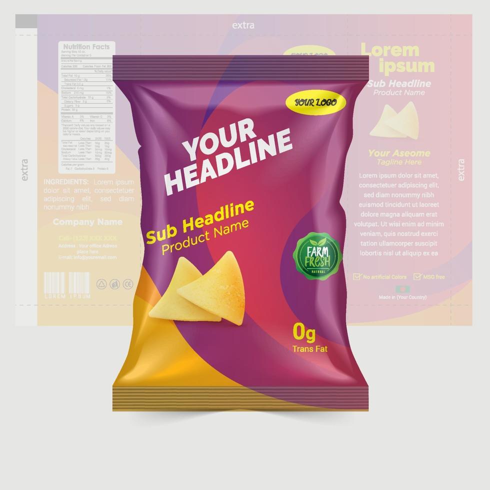 Potato chips and dry fruits package design foil bags isolated on white background in 3d illustration vector