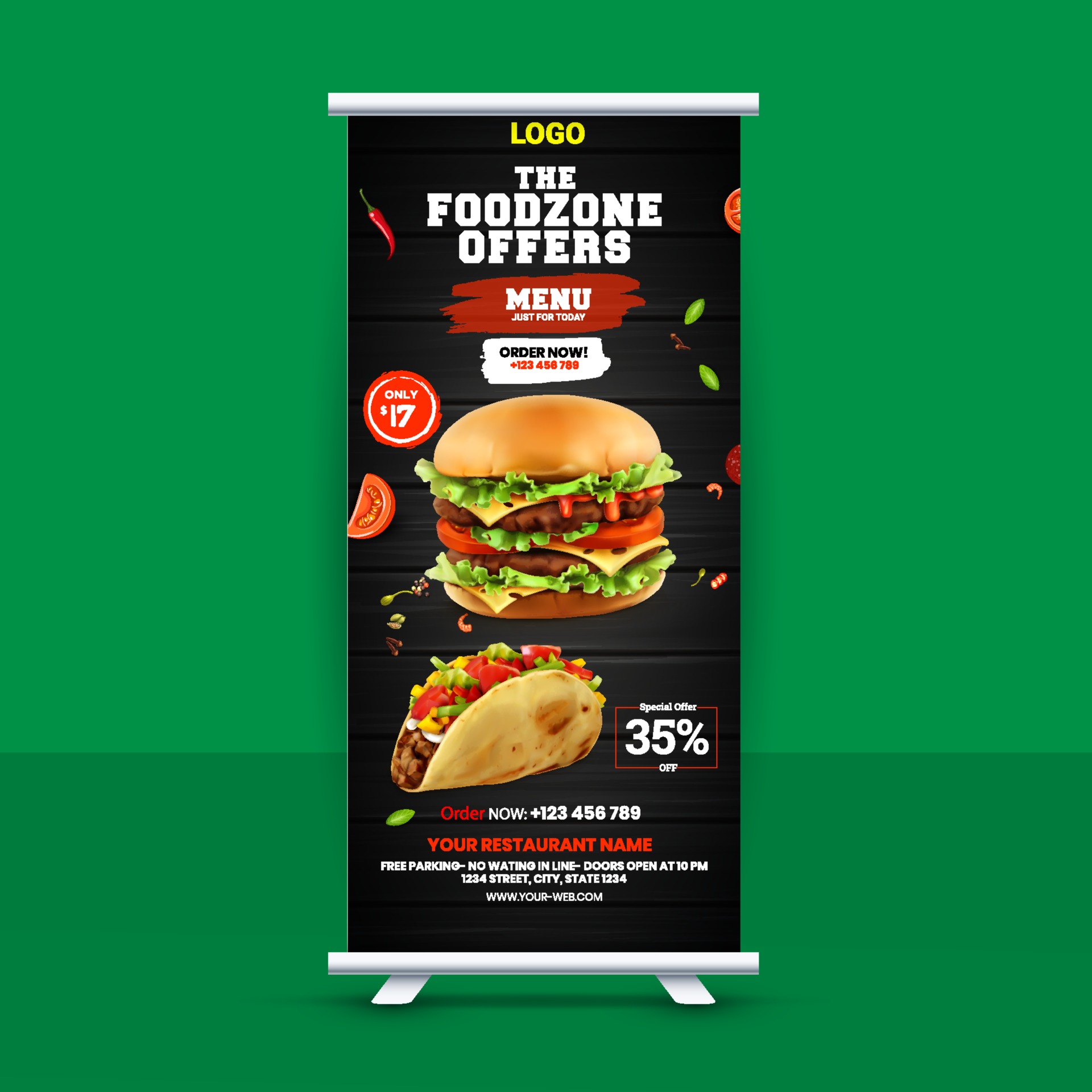 Free Fast Food Roll Up Banner Design Idea For Restaurant 2566128 Vector