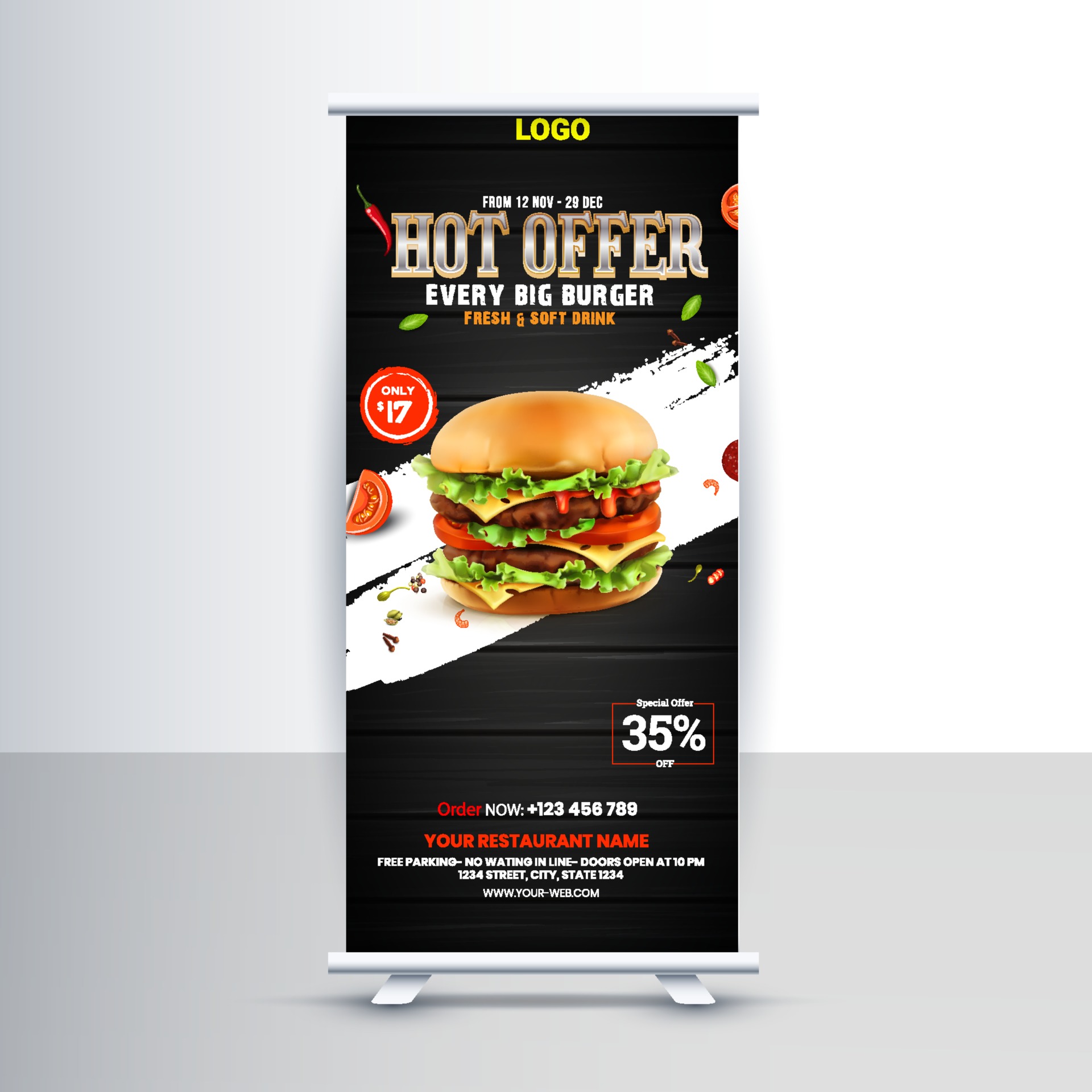 Free Fast Food Roll Up Banner Design Idea For Restaurant 2566140 Vector