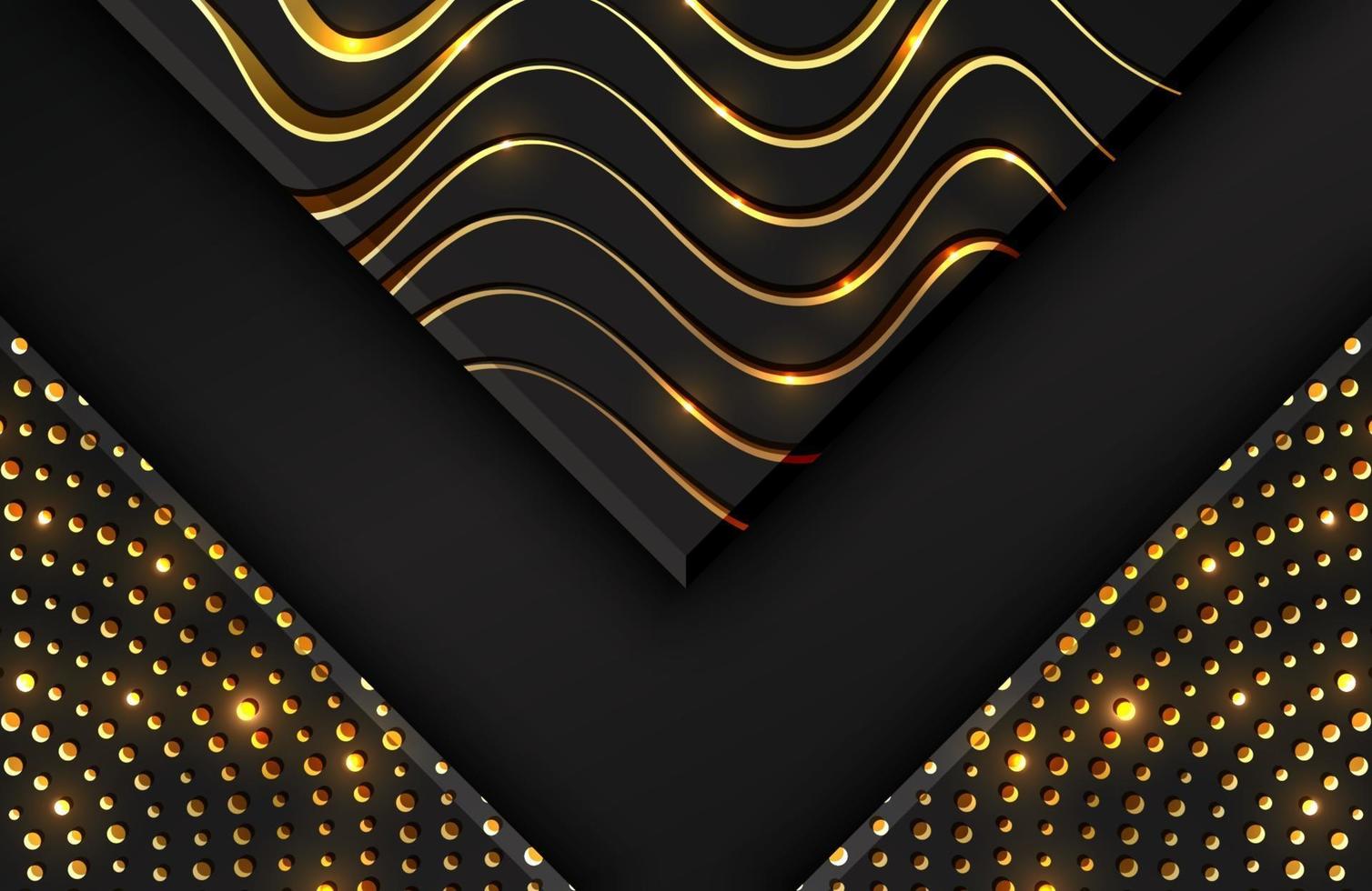 Fondo geométrico negro abstracto texturizado con brillo dorado brillante y líneas onduladas vector