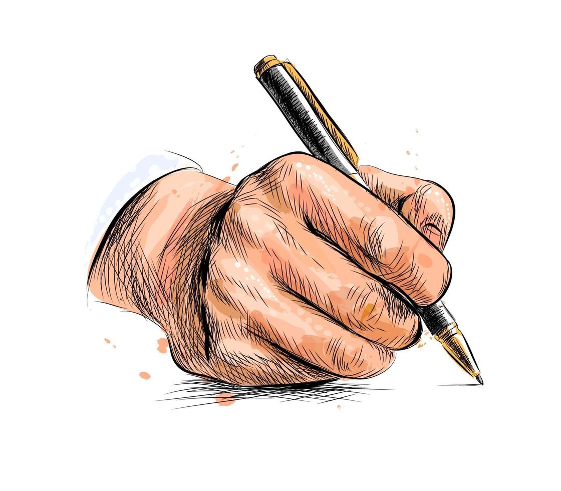 Male hand with pen from a splash of watercolor hand drawn sketch Vector illustration of paints