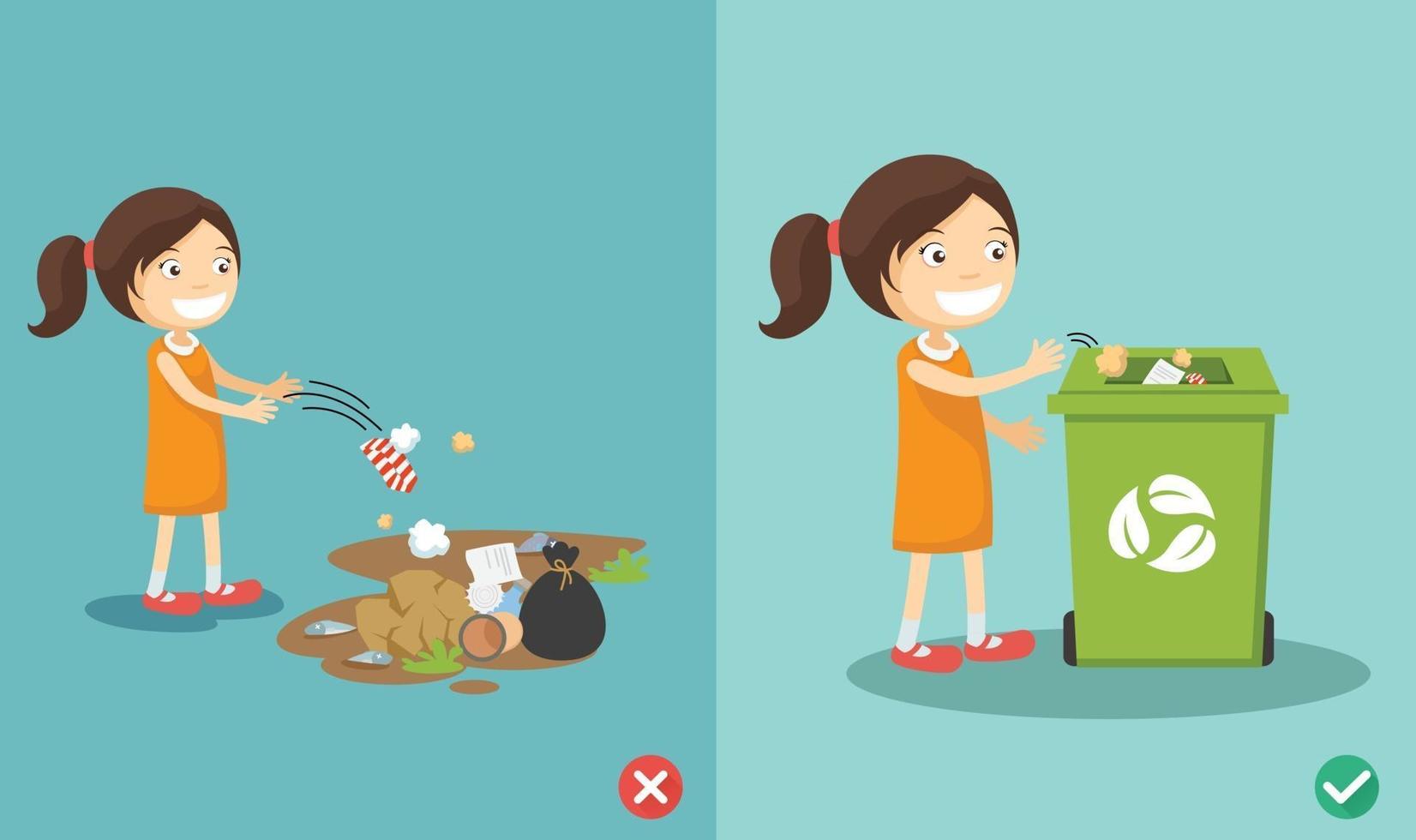 Do not throw littering on the floor wrong and right vector illustration