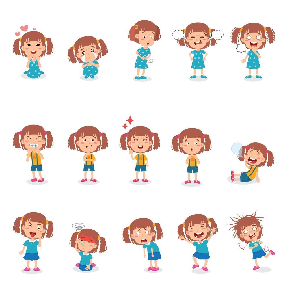 illustration isolation little girl in various poses with gestures and expressions vector