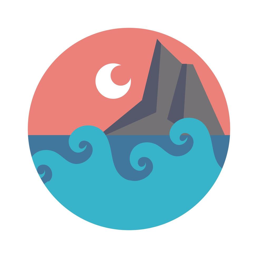 sea scape scene with moon and mountain flat style icon vector