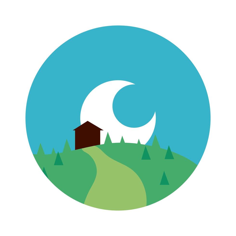 landscape scene with house and moon flat style icon vector