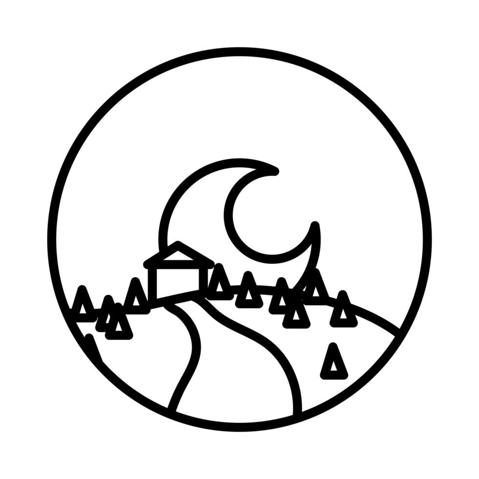 landscape scene with house and moon line style icon vector