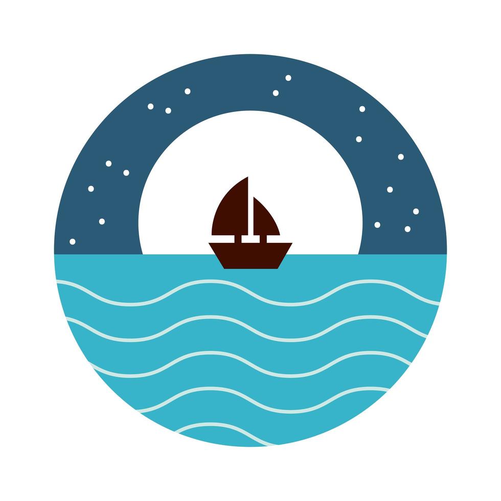 Escena de paisaje marino con icono de estilo plano de luna y velero vector