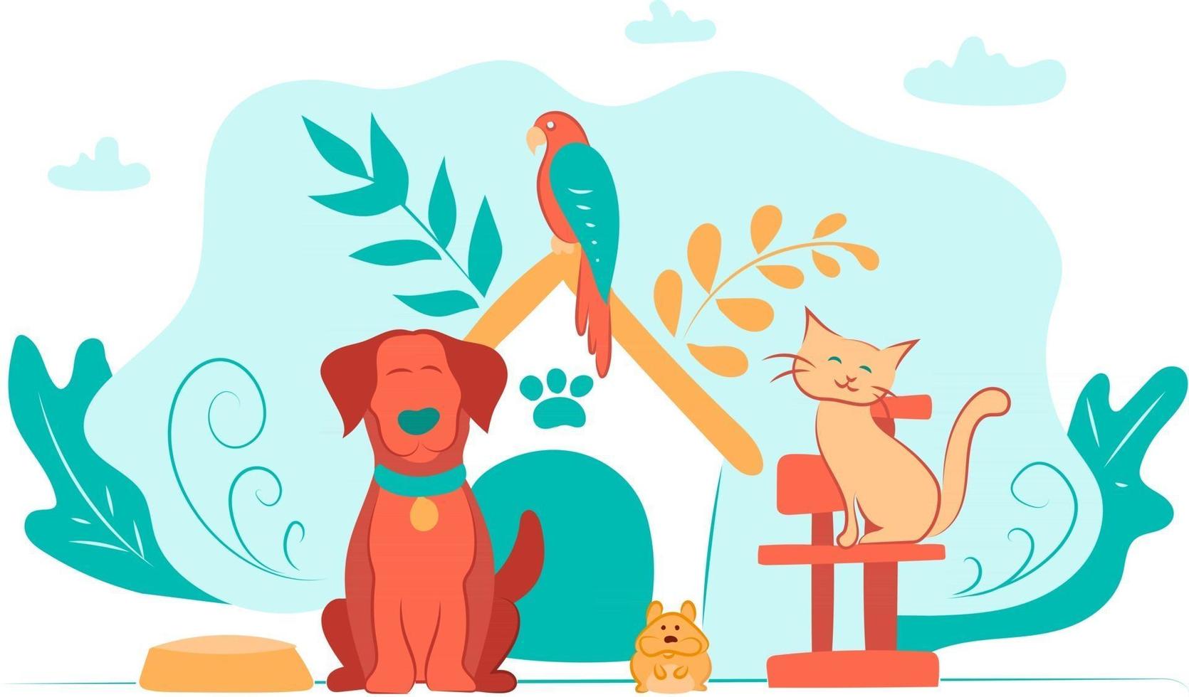 This is a flat illustration with a dog and a cat and a hamster and a parrot vector