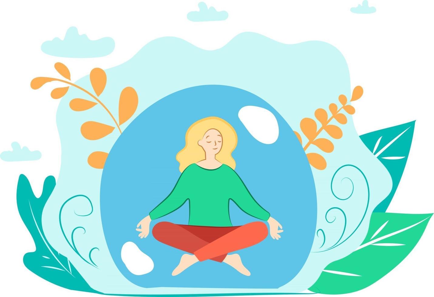 This is a flat illustration of a calm girl meditating and the woman is sitting in the lotus position with closed eyes vector