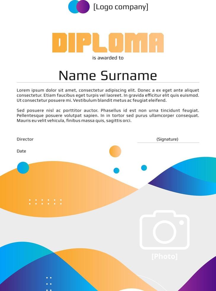 Diploma template with peach and purple and blue gradients with place for photo vector