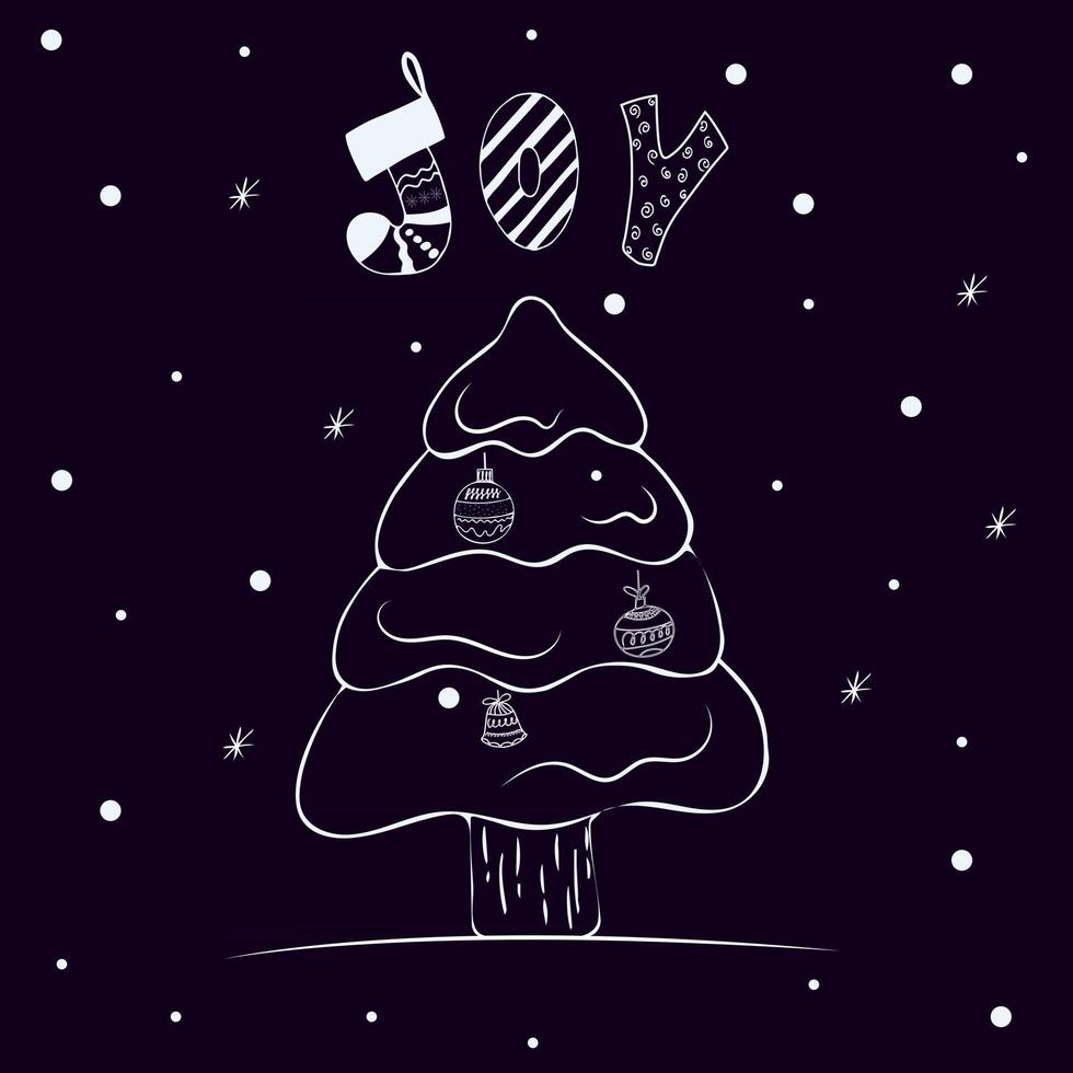 árbol de navidad y letras ilustración de vector de alegría en estilo handdrawn