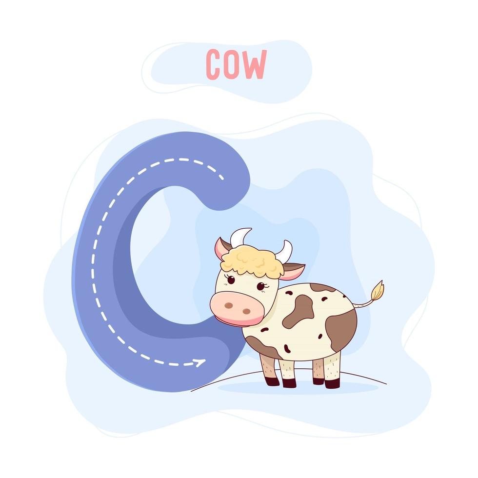 Ilustración de vector de letra mayúscula c con vaca de dibujos animados aislada en el fondo aprenda el alfabeto con una hoja de trabajo de abc de vaca para el alfabeto de zoológico en edad preescolar