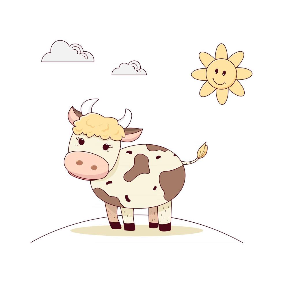 Cow is standing in the meadow vector illustration isolated on white background Cartoon style for childish design Farm animal in the background of the landscape