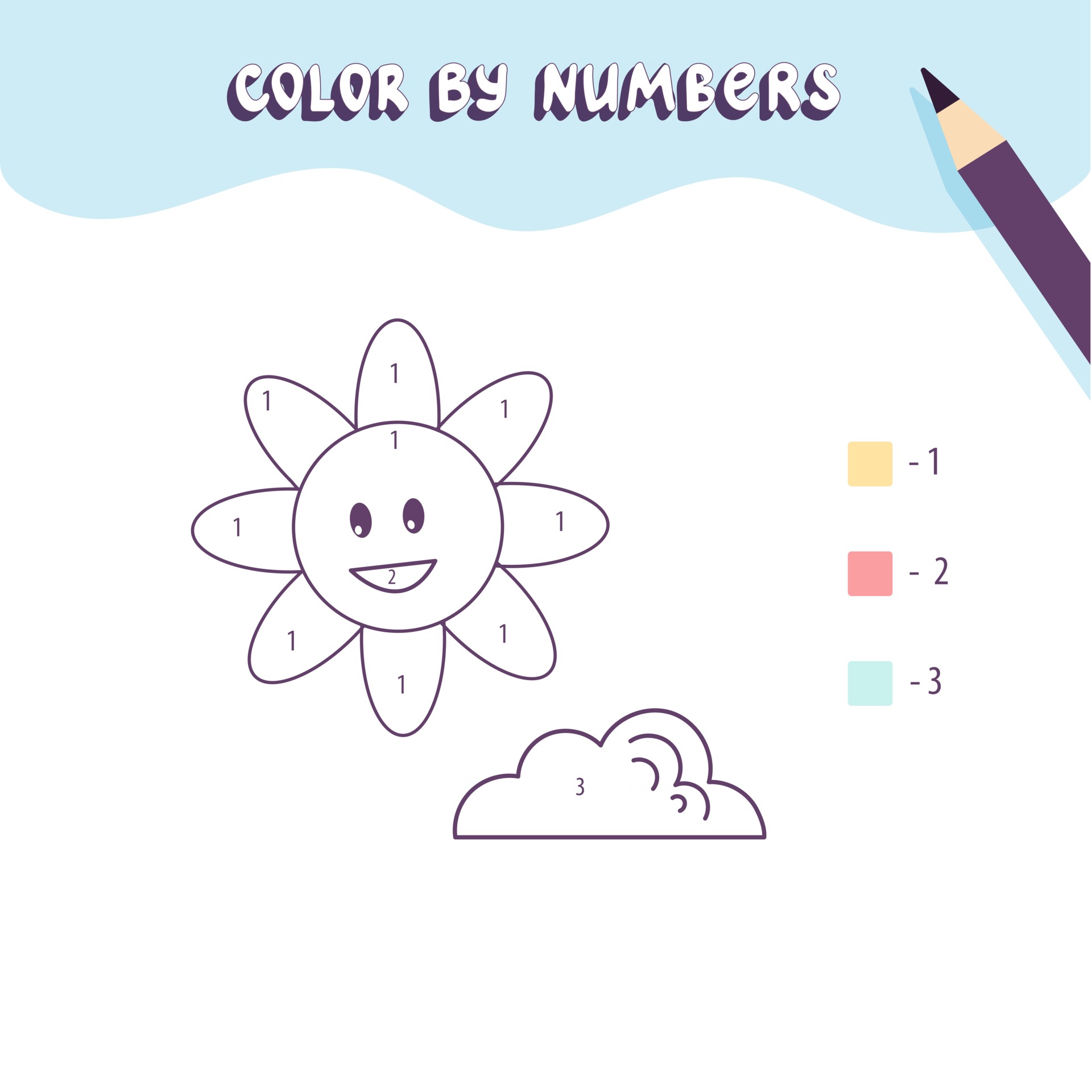 Color cute sun and cloud by number Educational math game for ...