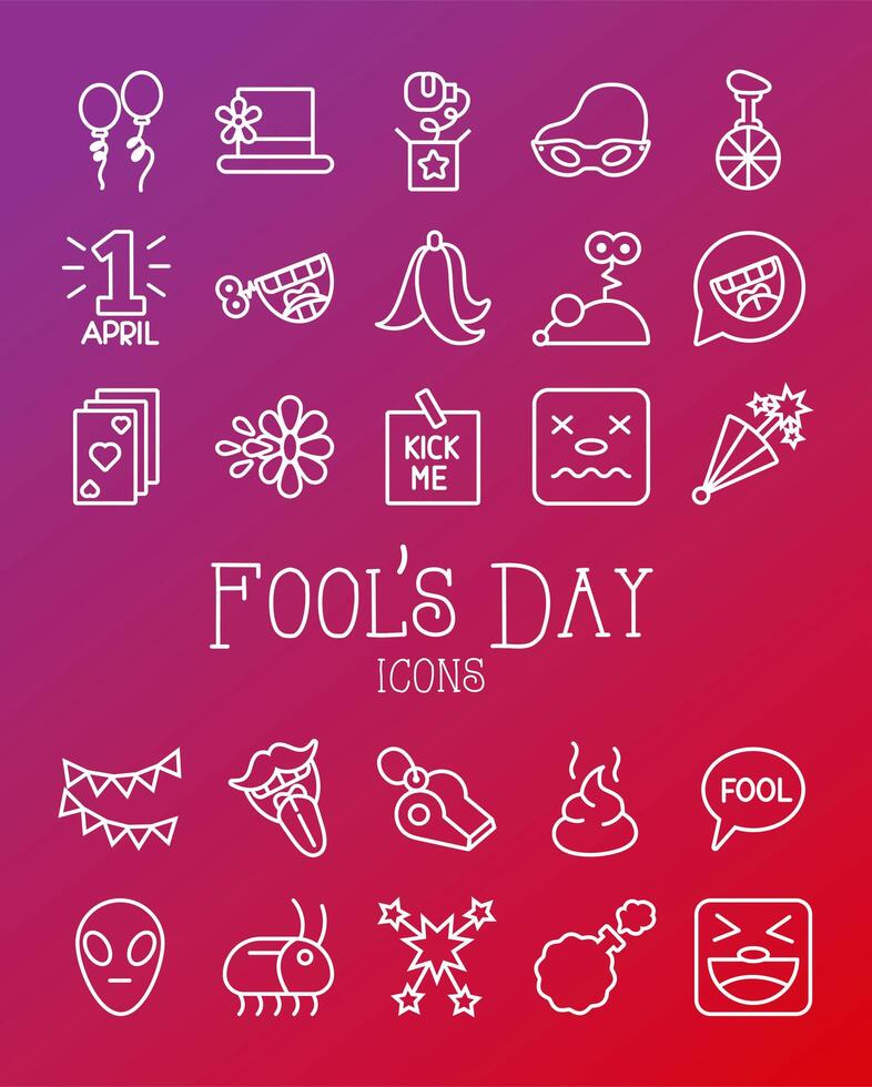 bundle of fools day set icons in red background vector