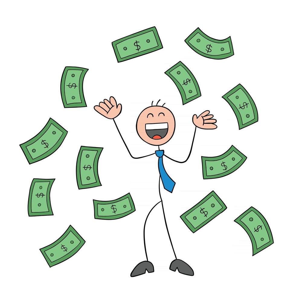 Stickman Businessman Character Happy and Paper Moneys Floating in Air Vector Cartoon Illustration