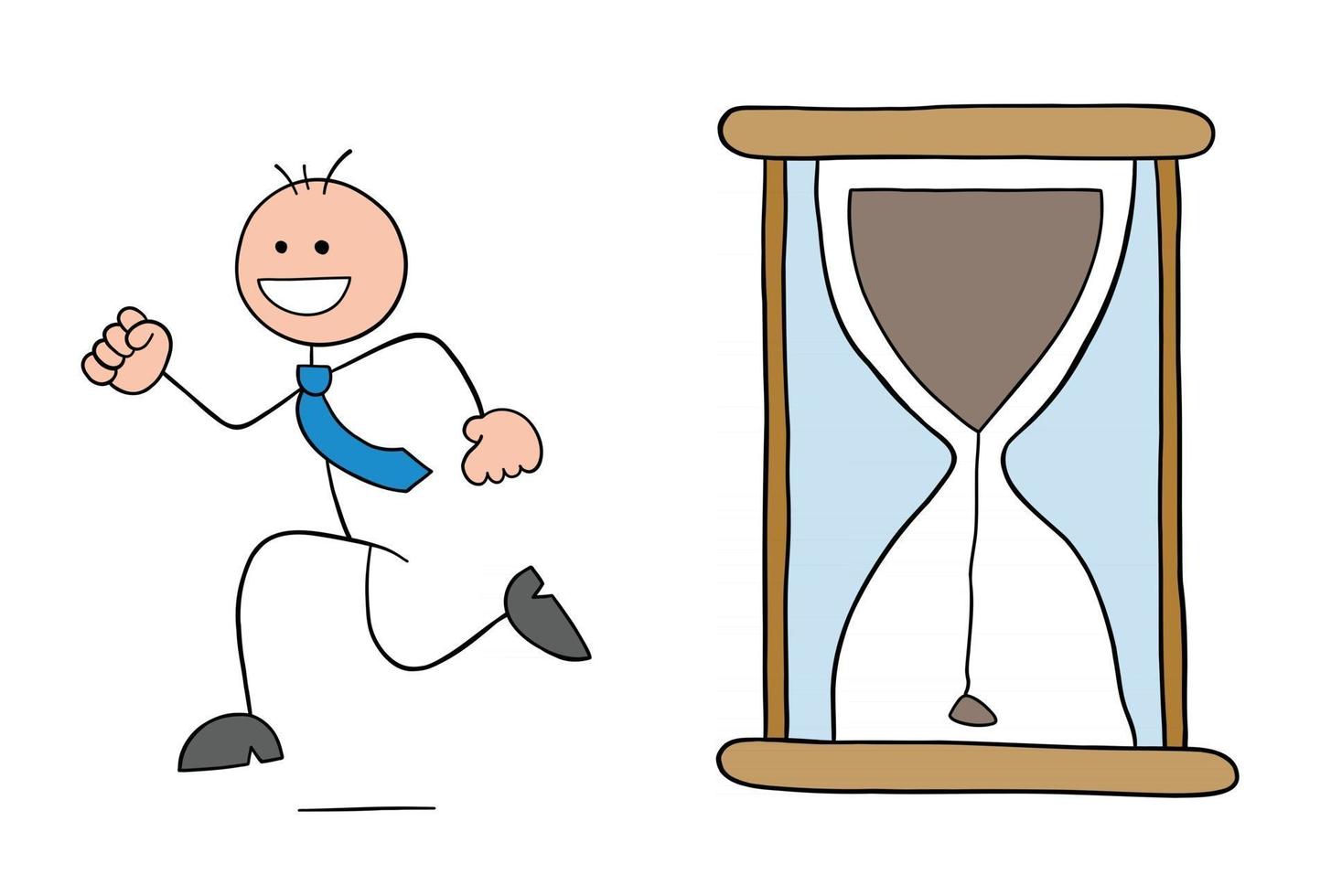 El reloj de arena ha comenzado y el personaje de empresario stickman se está ejecutando y la ilustración de dibujos animados de vector feliz