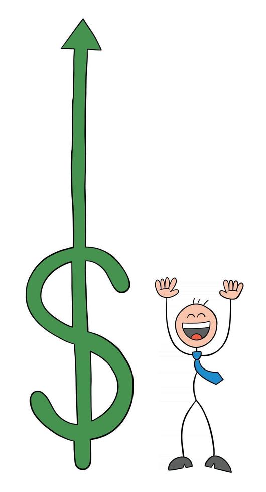 El dólar está subiendo y el personaje de empresario stickman tan feliz ilustración de dibujos animados de vector