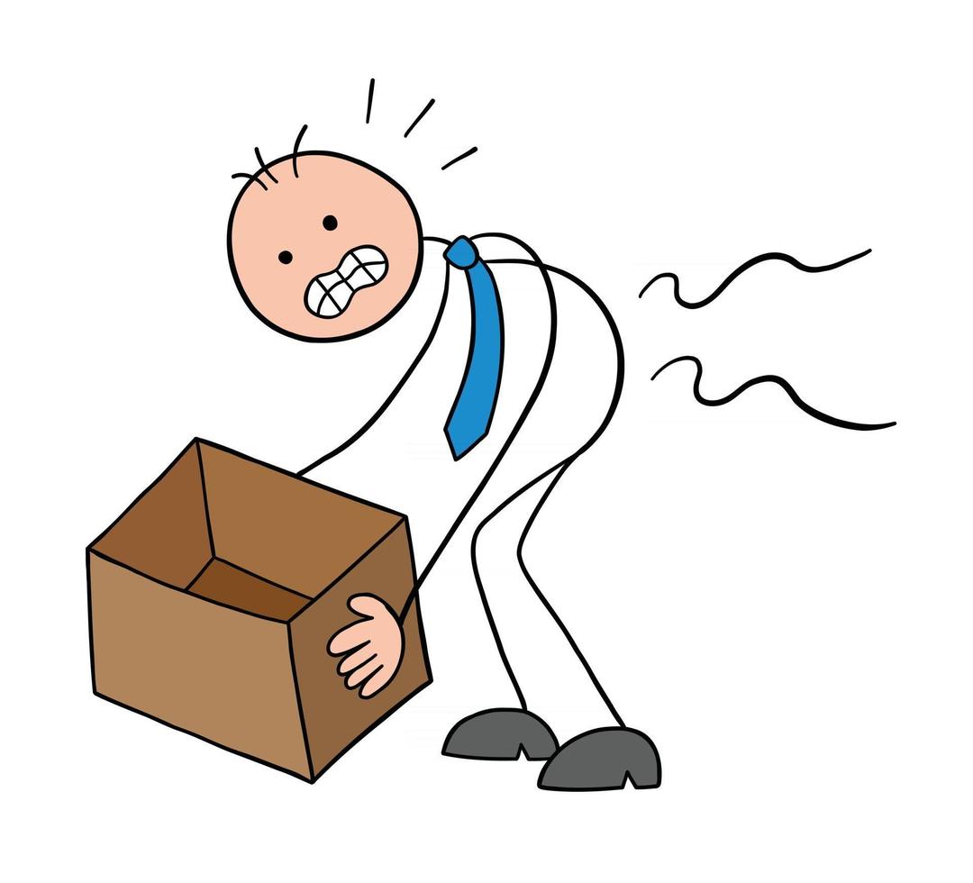 Stickman Businessman Character Hurts Back When Lifting Box Vector Cartoon Illustration