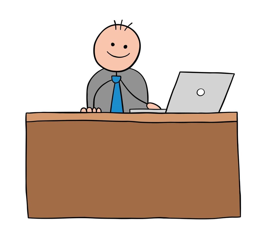 Stickman Businessman Character Happy and Sitting at the Desk Vector Cartoon Illustration