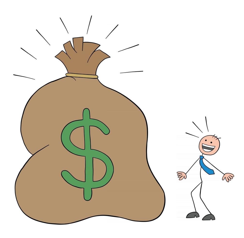 Stickman Businessman Character See the Huge Sack with Dollars and Surprised Vector Cartoon Illustration