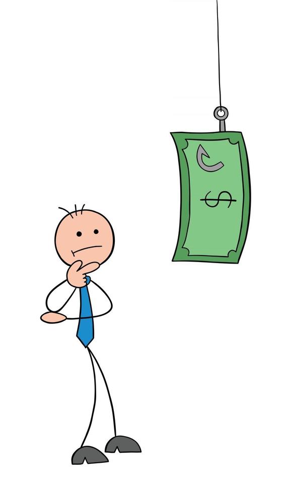 stickman, hombre de negocios, carácter, confuso, sobre, caña de pescar, y, dólar, dinero, cebo, vector, caricatura, ilustración vector