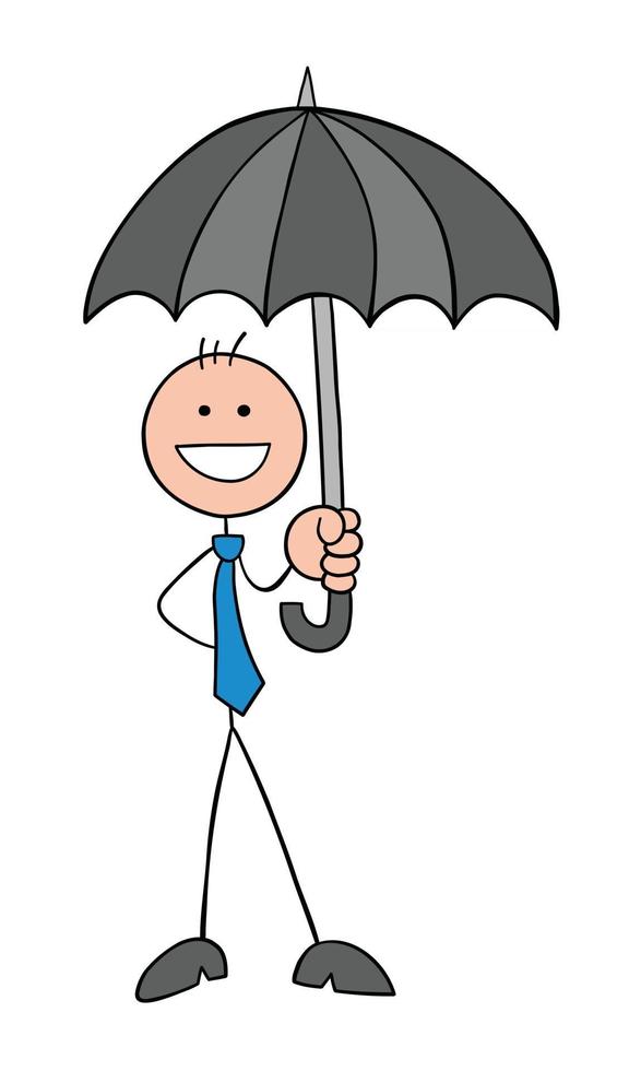 Stickman Businessman Character Holding Umbrella and Happy Vector Cartoon Illustration