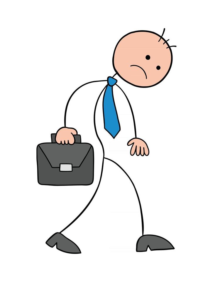 Stickman Businessman Character Unhappy and Walking with Briefcase Vector Cartoon Illustration