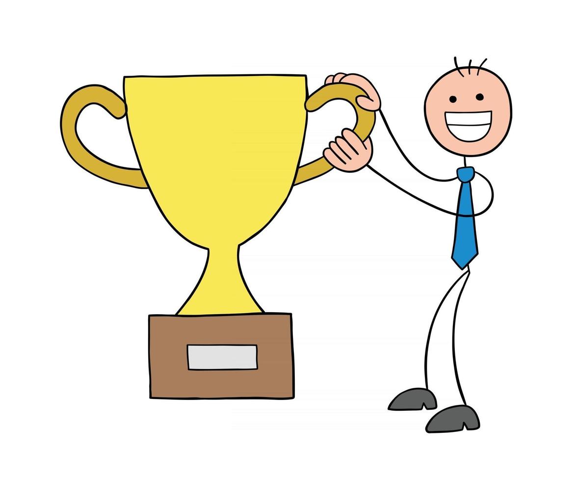 Stickman Businessman Character Happy and Won the Trophy Vector Cartoon Illustration