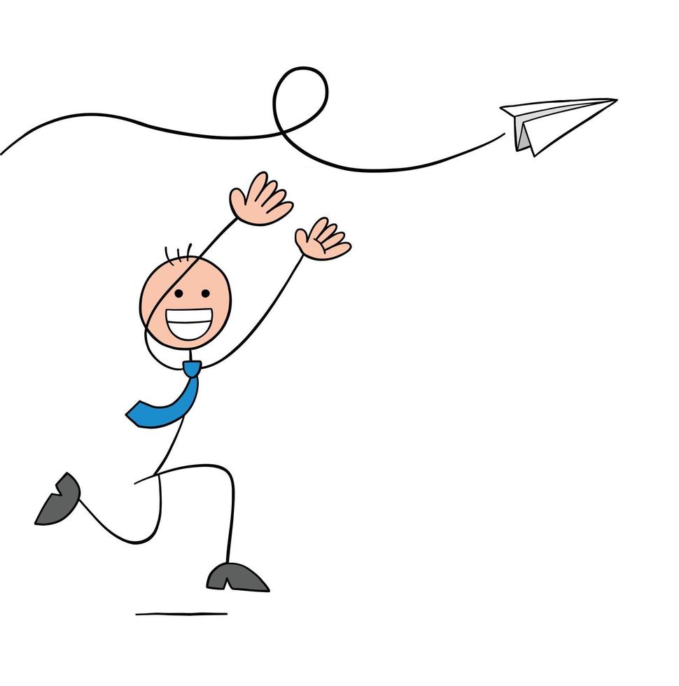 Stickman Businessman Character Trying To Catch the Paper Plane Vector Cartoon Illustration